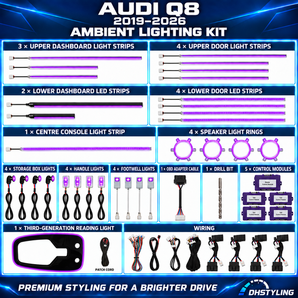 Audi Q8 4M RGB ambient lighting kit with dashboard and door LED strips, centre-console strip and four speaker light rings for 2019–2026 models
