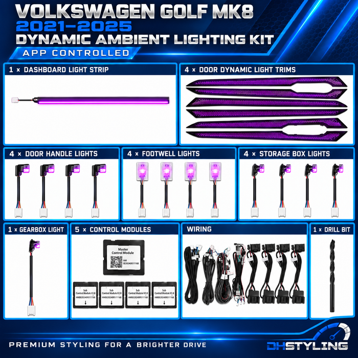 Volkswagen Golf MK8 dynamic ambient lighting kit with four illuminated replacement door trims and dashboard strip for 2021–2025 models
