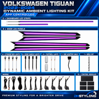 Volkswagen Tiguan dynamic ambient lighting kit with two dashboard LED strips, four replacement door trims and interior lights for 2022–2024 models

