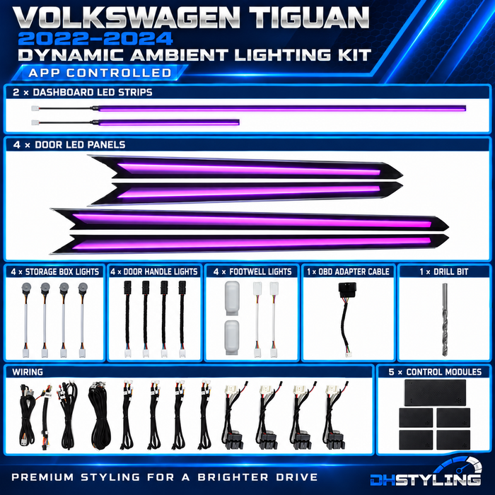 Volkswagen Tiguan dynamic ambient lighting kit with two dashboard LED strips, four replacement door trims and interior lights for 2022–2024 models
