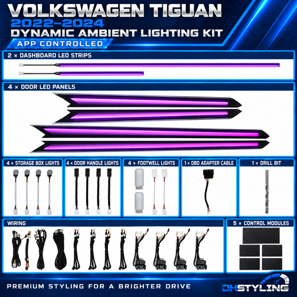Volkswagen Tiguan dynamic ambient lighting kit with two dashboard LED strips, four replacement door trims and interior lights for 2022–2024 models
