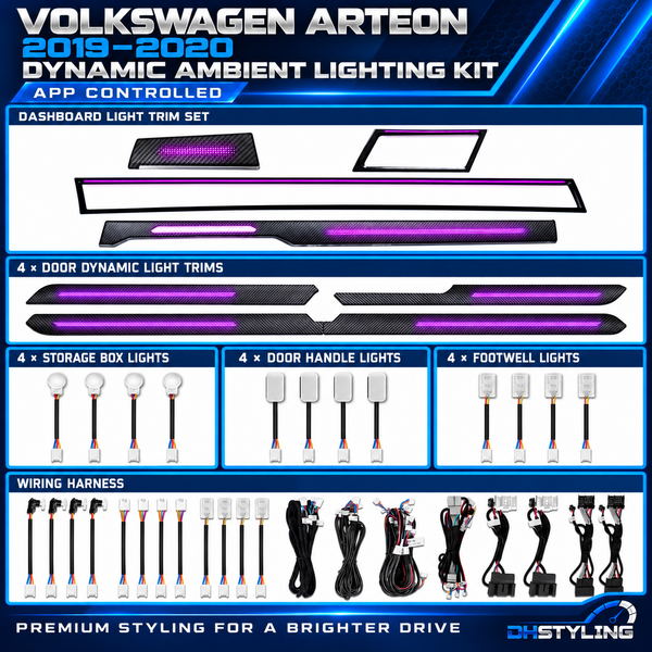 Volkswagen Arteon dynamic ambient lighting kit with illuminated dashboard components, four replacement door trims and interior lights for 2019–2020
