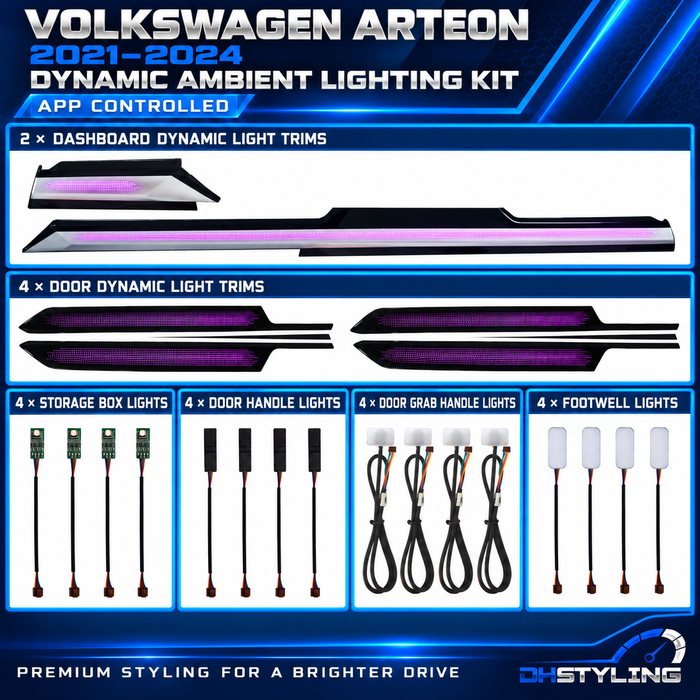 Volkswagen Arteon dynamic ambient lighting kit with two dashboard trim components, four replacement door trims and interior lights for 2021–2024
