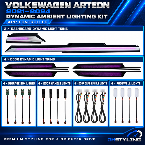 Volkswagen Arteon dynamic ambient lighting kit with two dashboard trim components, four replacement door trims and interior lights for 2021–2024
