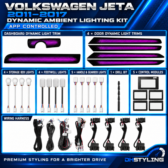 Volkswagen Jetta dynamic ambient lighting kit for 2011–2017 models with illuminated dashboard and door trim panels
