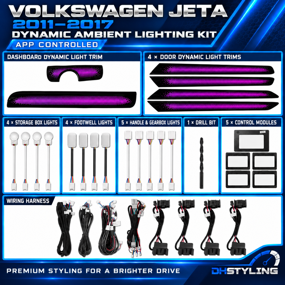 Volkswagen Jetta dynamic ambient lighting kit for 2011–2017 models with illuminated dashboard and door trim panels

