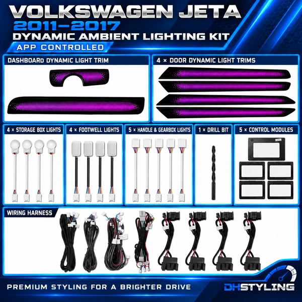 Volkswagen Jetta dynamic ambient lighting kit for 2011–2017 models with illuminated dashboard and door trim panels
