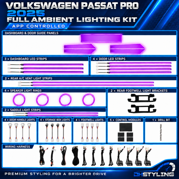 Volkswagen Passat Pro dynamic ambient lighting kit for 2025 with illuminated panels, LED strips and speaker light rings
