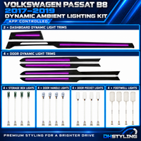 Volkswagen Passat B8 dynamic ambient lighting kit for 2017–2019 with illuminated dashboard and door trim replacements
