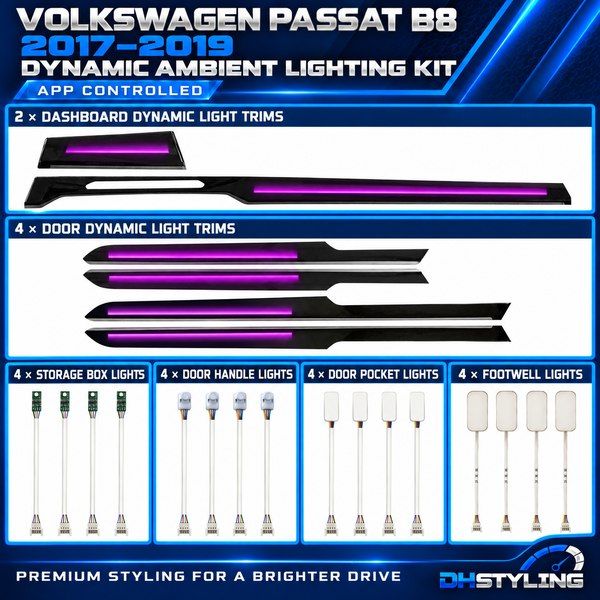Volkswagen Passat B8 dynamic ambient lighting kit for 2017–2019 with illuminated dashboard and door trim replacements
