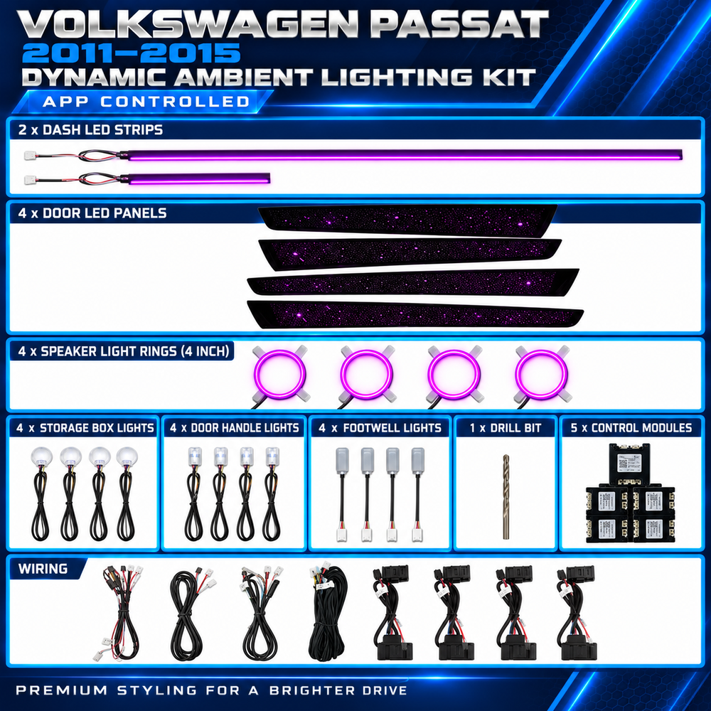 Volkswagen Passat B8 dynamic ambient lighting kit for 2017–2019 with illuminated dashboard and door trim replacements
