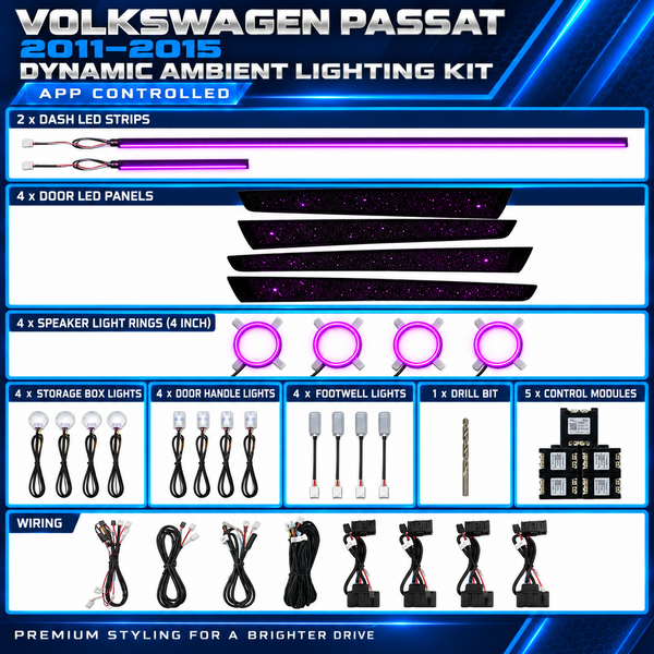 Volkswagen Passat B8 dynamic ambient lighting kit for 2017–2019 with illuminated dashboard and door trim replacements
