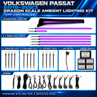 Volkswagen Passat B8.5 Dragon Scale ambient lighting kit for 2019–2023 with illuminated dashboard panel and door LED strips
