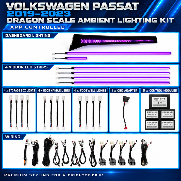Volkswagen Passat B8.5 Dragon Scale ambient lighting kit for 2019–2023 with illuminated dashboard panel and door LED strips
