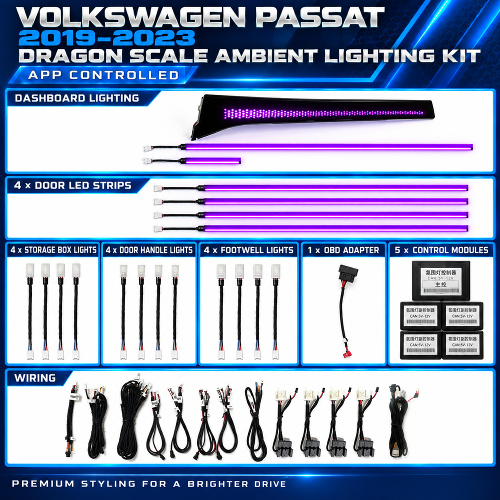 Volkswagen Passat B8.5 Dragon Scale ambient lighting kit for 2019–2023 with illuminated dashboard panel and door LED strips
