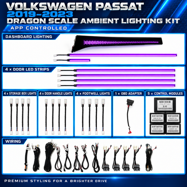 Volkswagen Passat B8.5 Dragon Scale ambient lighting kit for 2019–2023 with illuminated dashboard panel and door LED strips
