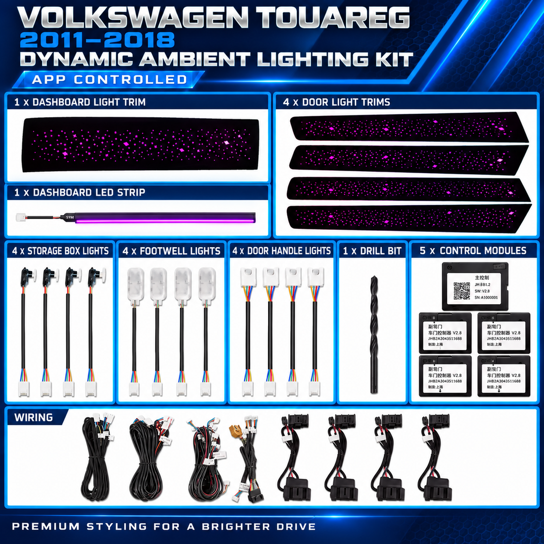 Volkswagen Touareg 7P dynamic ambient lighting kit for 2011–2018 with illuminated dashboard and door trim replacements
