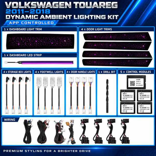 Volkswagen Touareg 7P dynamic ambient lighting kit for 2011–2018 with illuminated dashboard and door trim replacements
