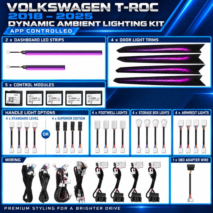 Volkswagen T-Roc dynamic ambient lighting kit for 2018–2025 with dashboard LED strips and illuminated replacement door trims
