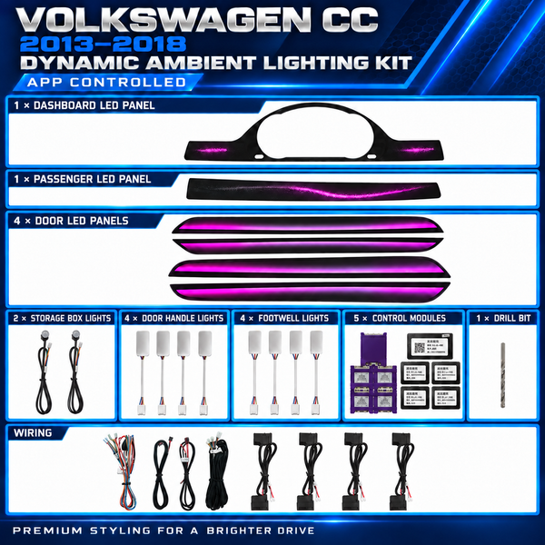 Volkswagen CC dynamic ambient lighting kit for 2013–2018 with illuminated dashboard, passenger and door replacement trim panels
