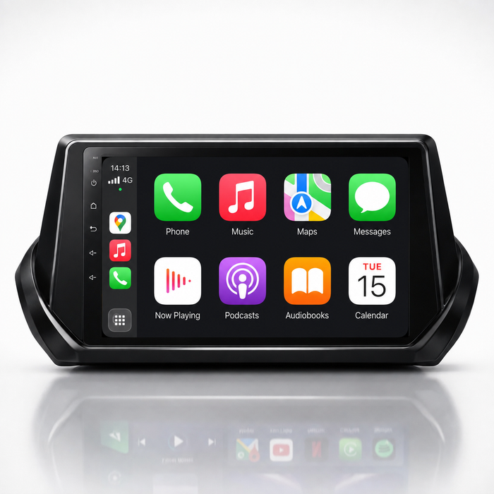Peugeot 208 and 2008 2019–2026 Android 15 touchscreen stereo with Wireless Apple CarPlay and Android Auto
