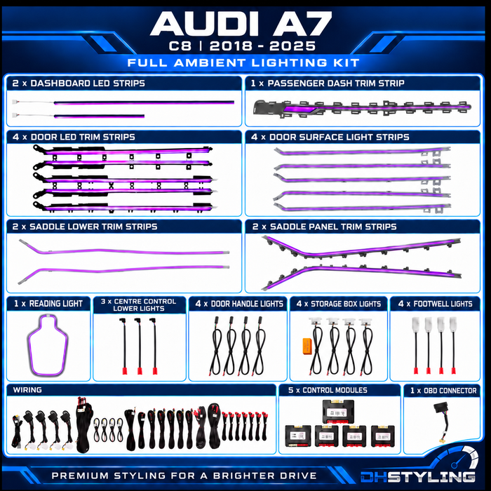 DHStyling Audi A7 C8 2018–2025 full ambient lighting kit with dashboard LED strips, door trim lighting, centre console trims, front seat-back lights and footwell lights.