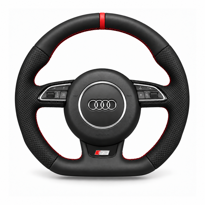 DHStyling made-to-order stitch-on steering wheel cover for the matching Audi steering wheel in compatible A, S, RS and Q models within the 2011–2018 fitment range