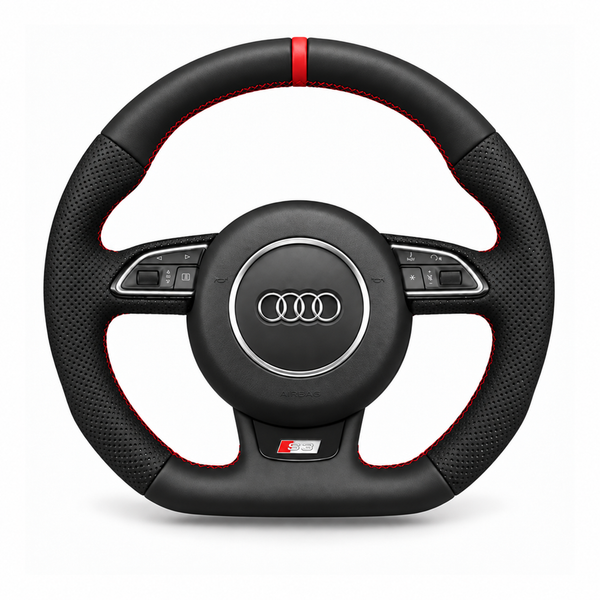 DHStyling made-to-order stitch-on steering wheel cover for the matching Audi steering wheel in compatible A, S, RS and Q models within the 2011–2018 fitment range
