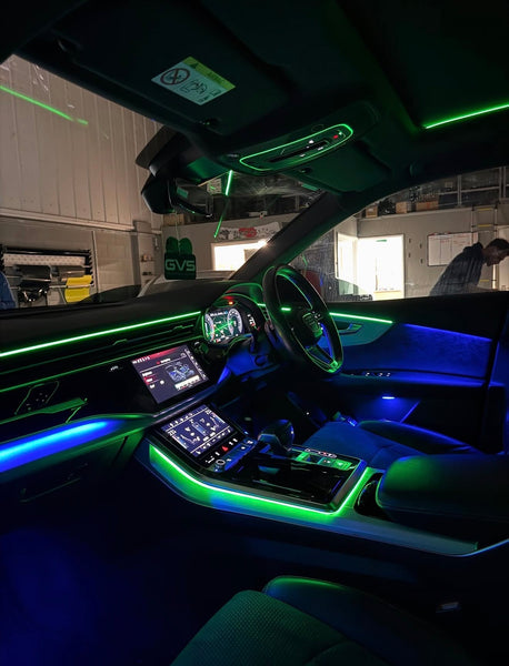 Audi Q8 4M RGB ambient lighting kit with dashboard and door LED strips, centre-console strip and four speaker light rings for 2019–2026 models
