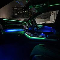 Audi Q8 4M RGB ambient lighting kit with dashboard and door LED strips, centre-console strip and four speaker light rings for 2019–2026 models
