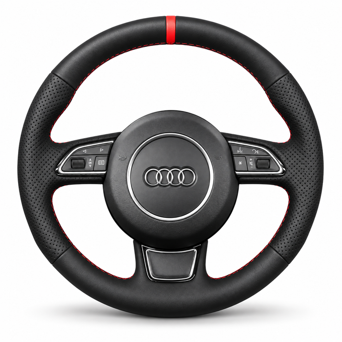DHStyling made-to-order stitch-on steering wheel cover for matching Audi A3, A4, A6, A6 Allroad, A7, A8, Q3, Q5 and Q7 steering wheels within the 2010–2019 fitment range
