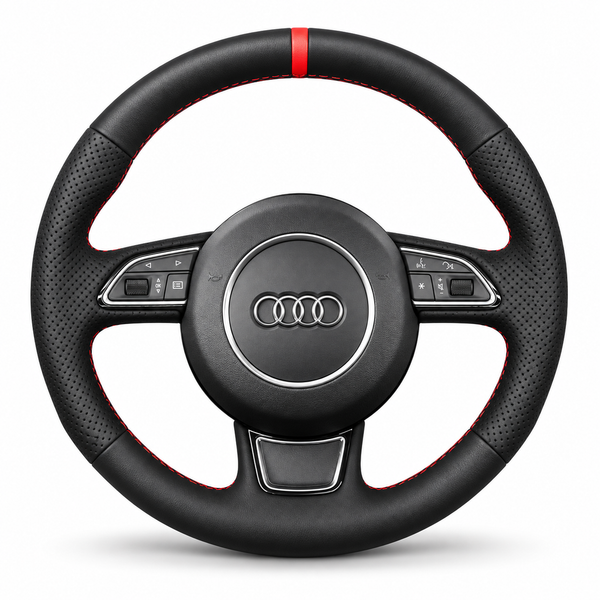 DHStyling made-to-order stitch-on steering wheel cover for matching Audi A3, A4, A6, A6 Allroad, A7, A8, Q3, Q5 and Q7 steering wheels within the 2010–2019 fitment range