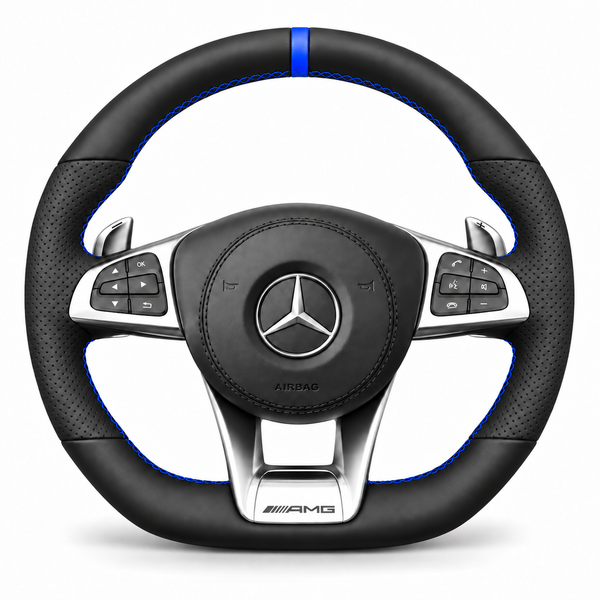 DHStyling made-to-order stitch-on steering wheel cover for matching Mercedes AMG GT, C63, CLA45, CLS63, E43, E63, GLC63, GLE63, GLS63, S63, S65, SLC43 and SL63 steering wheels within the listed 2014–2020 fitment years