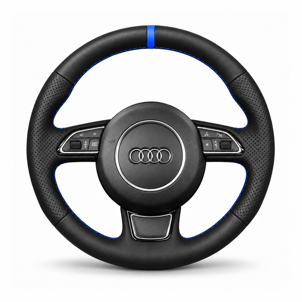 DHStyling made-to-order stitch-on steering wheel cover for matching Audi A3, A4, A6, A6 Allroad, A7, A8, Q3, Q5 and Q7 steering wheels within the 2010–2019 fitment range