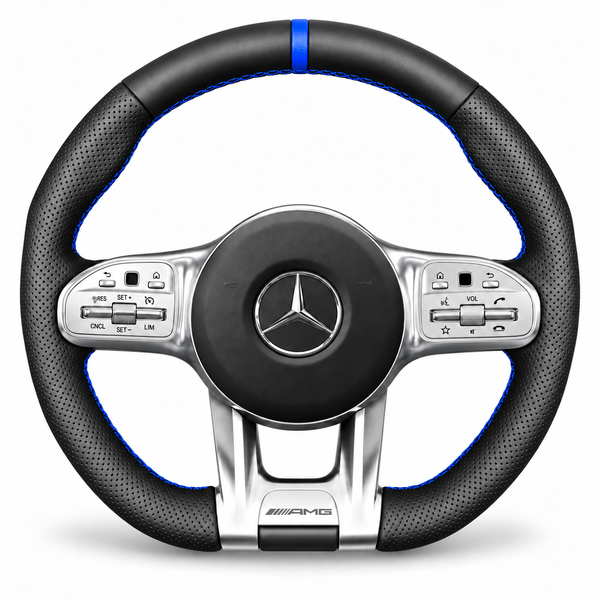 DHStyling made-to-order Mercedes AMG stitch-on steering wheel cover for matching A35, AMG GT, C43, C63, CLA, CLS, E-Class, G63, GLA, GLB, GLC, GLE, GLS and S63 models within the listed 2018–2021 fitment years