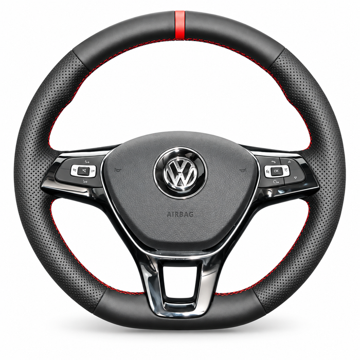 DHStyling made-to-order stitch-on steering wheel cover for matching VW Golf MK6, Golf Plus, Polo, Tiguan, Touran, Caddy and Jetta steering wheels within the listed 2009–2016 fitment years