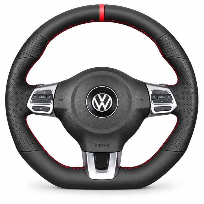 DHStyling stitch-on steering wheel cover for matching VW Golf MK6 GTI GTD R, Polo GTI R-Line, Scirocco, CC R-Line and Tiguan R-Line steering wheels within the listed 2009–2018 fitment years