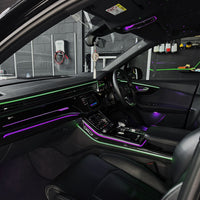DHStyling Audi A7 C8 2018–2025 full ambient lighting kit with dashboard LED strips, door trim lighting, centre console trims, front seat-back lights and footwell lights.
