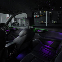 DHStyling Audi A7 C8 2018–2025 full ambient lighting kit with dashboard LED strips, door trim lighting, centre console trims, front seat-back lights and footwell lights.
