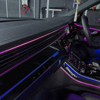 DHStyling Audi A7 C8 2018–2025 full ambient lighting kit with dashboard LED strips, door trim lighting, centre console trims, front seat-back lights and footwell lights.
