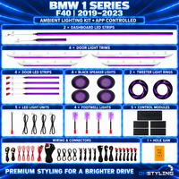 DHStyling BMW 1 Series F40 ambient lighting kit for 2019–2023 with geometric-pattern dashboard trim, four door light trims, dashboard and door LED strips, four black speaker covers, footwell lights, control modules and wiring.
