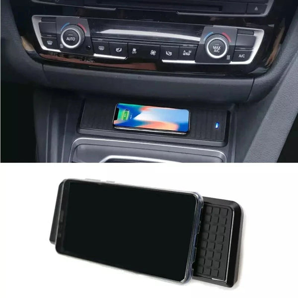 DHStyling black wireless phone charging pad with plug-and-play wiring for BMW 3 and 4 Series F-Series models from 2016 onwards