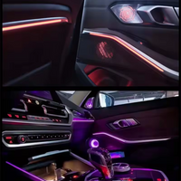 DHStyling BMW 3 Series G20 ambient lighting kit for 2019–2026 with three dashboard light trims, four door trims, two carbon-effect centre console trims, storage lights, handle lights, footwell lights, control modules and wiring.
