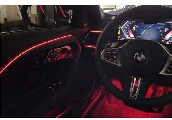 DHStyling BMW 2 Series G42 Coupé LHD ambient lighting kit with passenger and driver centre console trim strips, four door LED strips, two handle lights, two storage lights, four footwell lights, control modules and wiring.
