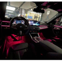 DHStyling BMW 2 Series G42 Coupé LHD ambient lighting kit with passenger and driver centre console trim strips, four door LED strips, two handle lights, two storage lights, four footwell lights, control modules and wiring.
