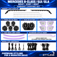 Mercedes-Benz B-Class W247, GLB X247 and GLA H247 ambient lighting kit with LED air vents, illuminated speaker covers, seat-back strips, light guides, wiring and a replacement dashboard acrylic insert
