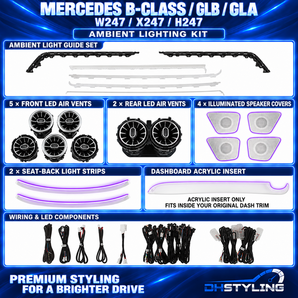 Mercedes-Benz B-Class W247, GLB X247 and GLA H247 ambient lighting kit with LED air vents, illuminated speaker covers, seat-back strips, light guides, wiring and a replacement dashboard acrylic insert
