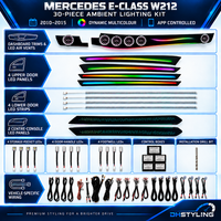 Mercedes E-Class W212 2010–2015 30-piece app-controlled ambient lighting kit with illuminated dashboard vents, doors and centre console
