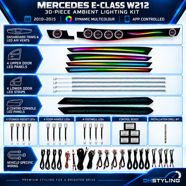 Mercedes E-Class W212 2010–2015 30-piece app-controlled ambient lighting kit with illuminated dashboard vents, doors and centre console
