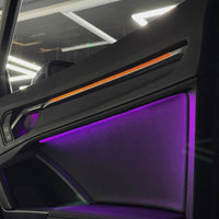 DHStyling Audi Q3 F3 2019–2024 RGB ambient lighting kit with dashboard LED strips, four illuminated door trims, footwell lights and wiring harnesses.
